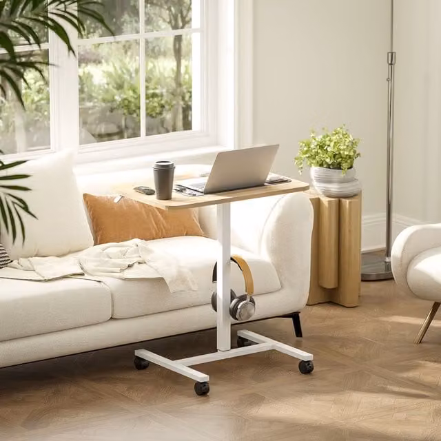 HOMCOM Mobile Overbed Standing Desk with Height Adjustable Tilting Top and Castors, Natural Wood Finish