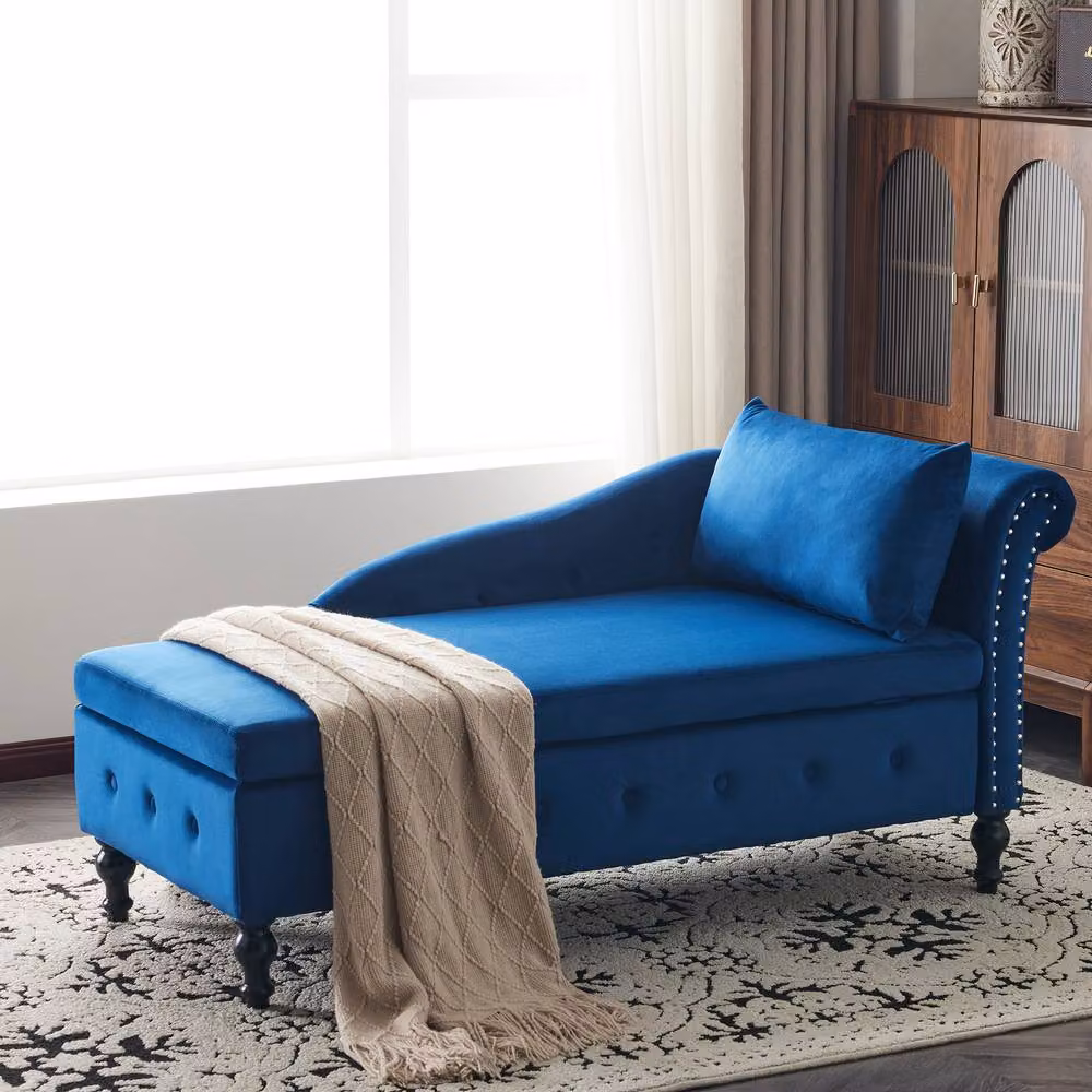 Rolipo Blue Velvet Chaise Lounge with Storage, Right Armrest and Scatter Cushions – 7
