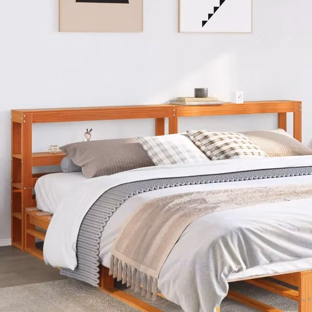 Berkfield Home Rustic Waxed Brown Solid Wood Pine Headboard with Shelves, Width: 180 cm