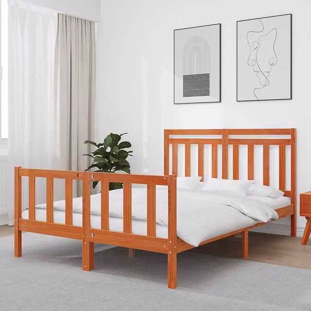 Berkfield Home Wax Brown Solid Wood Bed Frame with Headboard, W/D/H: 205.5 x 145.5 x 100 cm