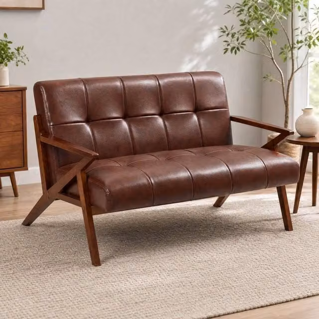 STILVORA 2 Seater Click Clack Sofa in Brown Synthetic Leather with Solid Beech Wood Frame, W/D/H: 133 x 78.5 x 81 cm