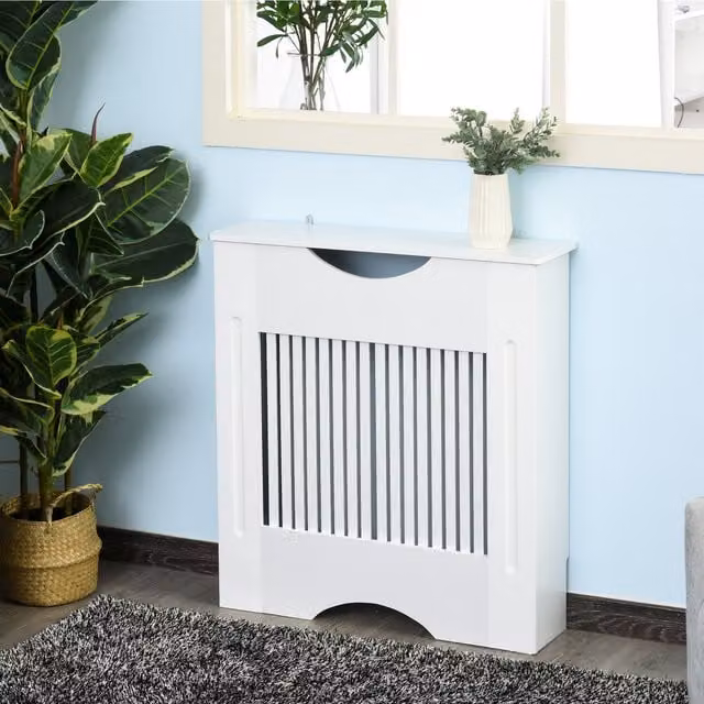 HOMCOM White Slatted Radiator Cover Heater Cabinet with Lacquered MDF Worktop