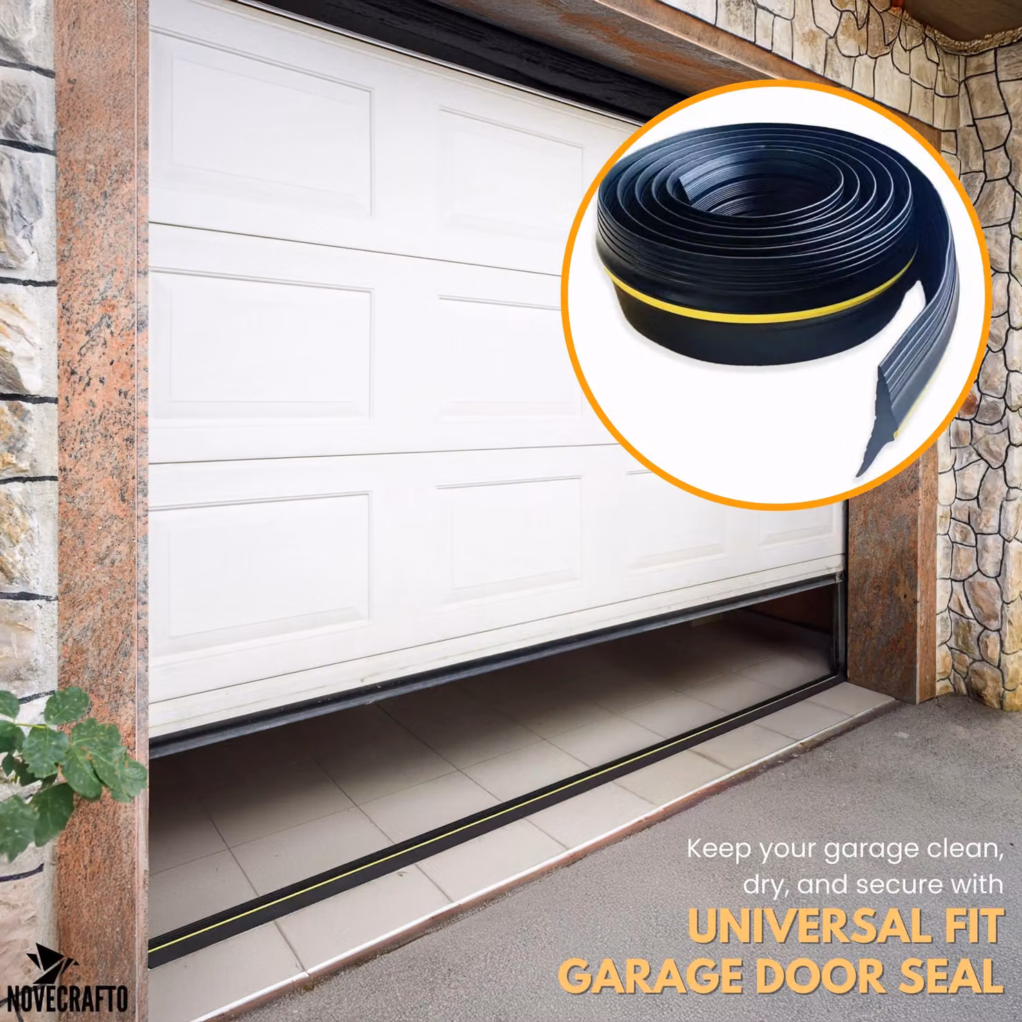 Novecrafto Universal Fit EPDM Rubber Garage Door Seal, 3m Length, Black Self-Adhesive Weatherproof Threshold Draught Excluder – 5