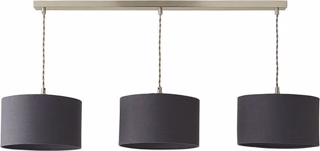 ValueLights Shaw 3 Drop Bar Ceiling Pendant Light with Grey Fabric Drum Shades and Chrome Metal Finish