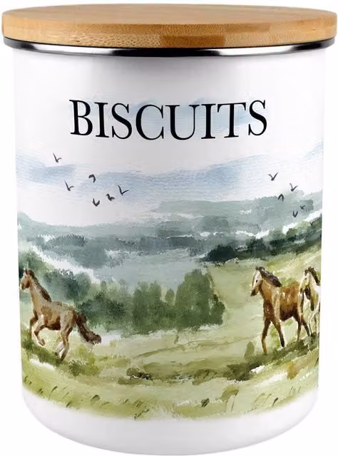 Purely Home Wild Horses Extra Large Airtight Enamel and Metal Biscuit Tin with Bamboo Lid, Green