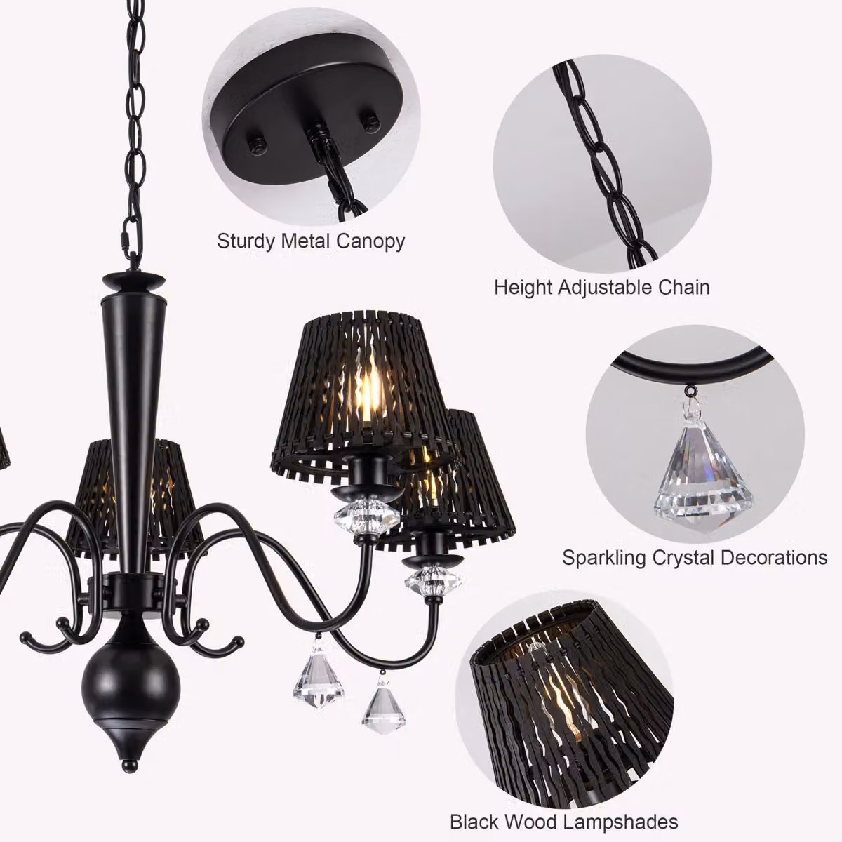 Garwarm 5 Light Dimmable Classic Traditional Crystal Chandelier in Black and Wood – 7