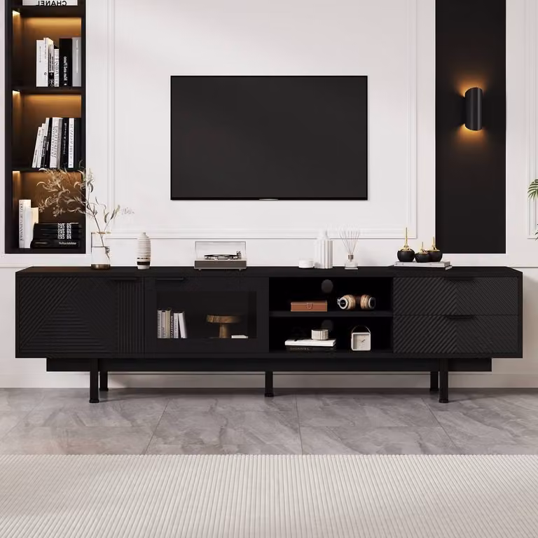 ModernLuxe Black TV Cabinet Stand with 2 Drawers, Doors and Open Shelf, W/D/H: 200 x 40 x 50.5 cm