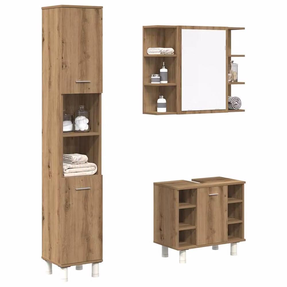 Berkfield Home 3 Piece Modern Bathroom Furniture Set in Artisan Oak Brown featuring Mirror Cabinet, Tall Cabinet and Vanity Unit – 2