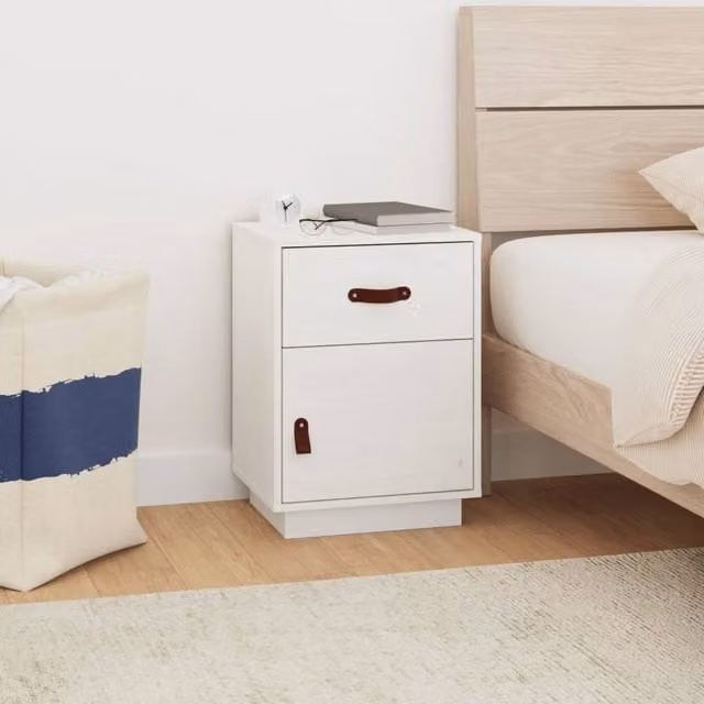 Berkfield Home White Solid Wood Pine Bedside Cabinet, W: 40 cm, D: 34 cm, H: 55 cm – 1