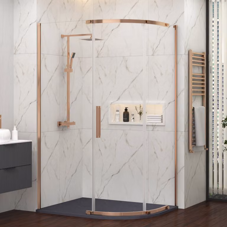 Royal Bathrooms Chelsea Single Door Offset Quadrant Shower Enclosure with Grey Mineral Cast Stone Tray, Brushed Bronze, W: 120 cm, D: 80 cm, H: 195 cm