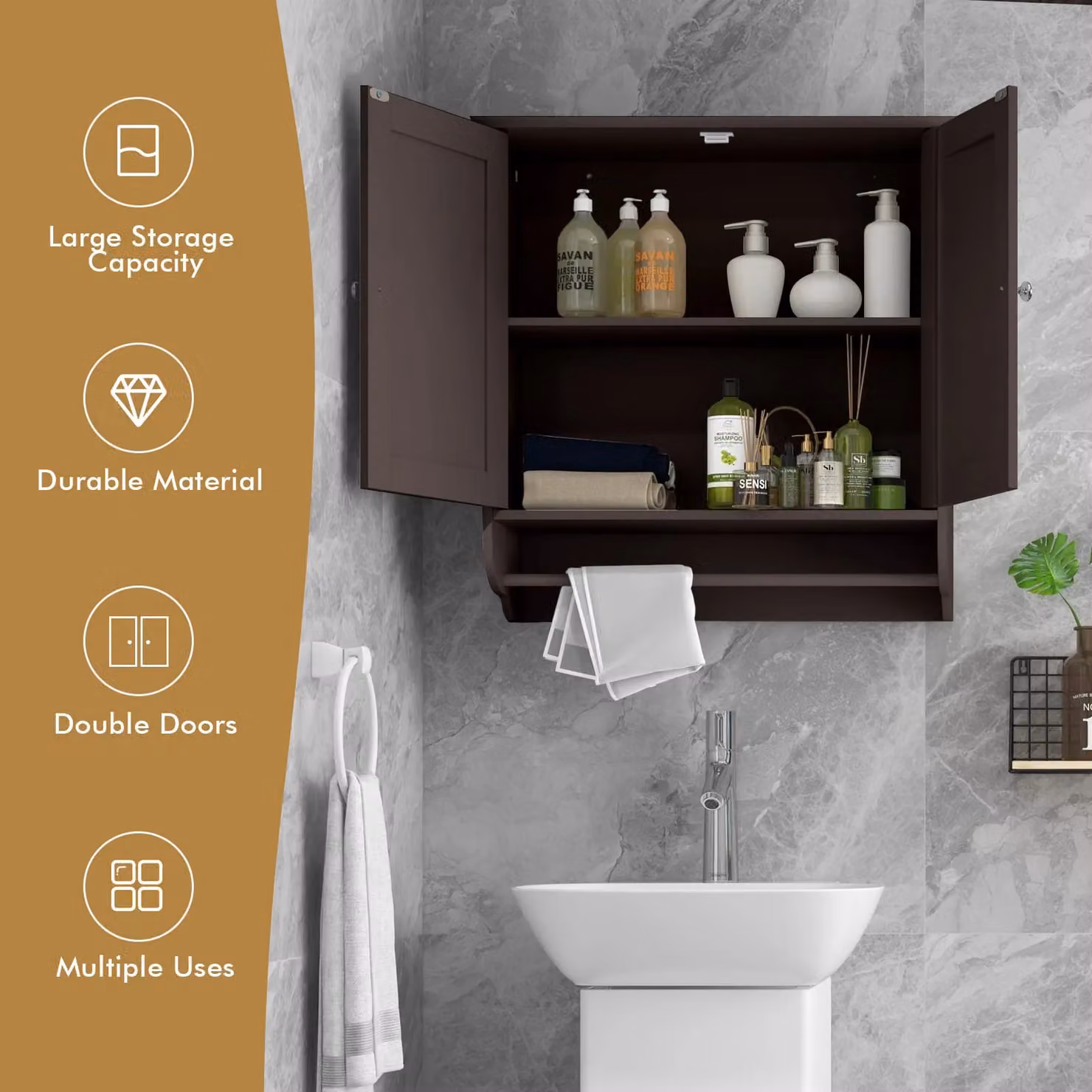 Gymax Brown Wall Mounted Bathroom Cabinet with Towel Bar and Adjustable Internal Shelves – 4