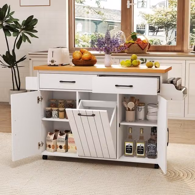 Costway Modern Mobile Kitchen Cart Island in White Wood