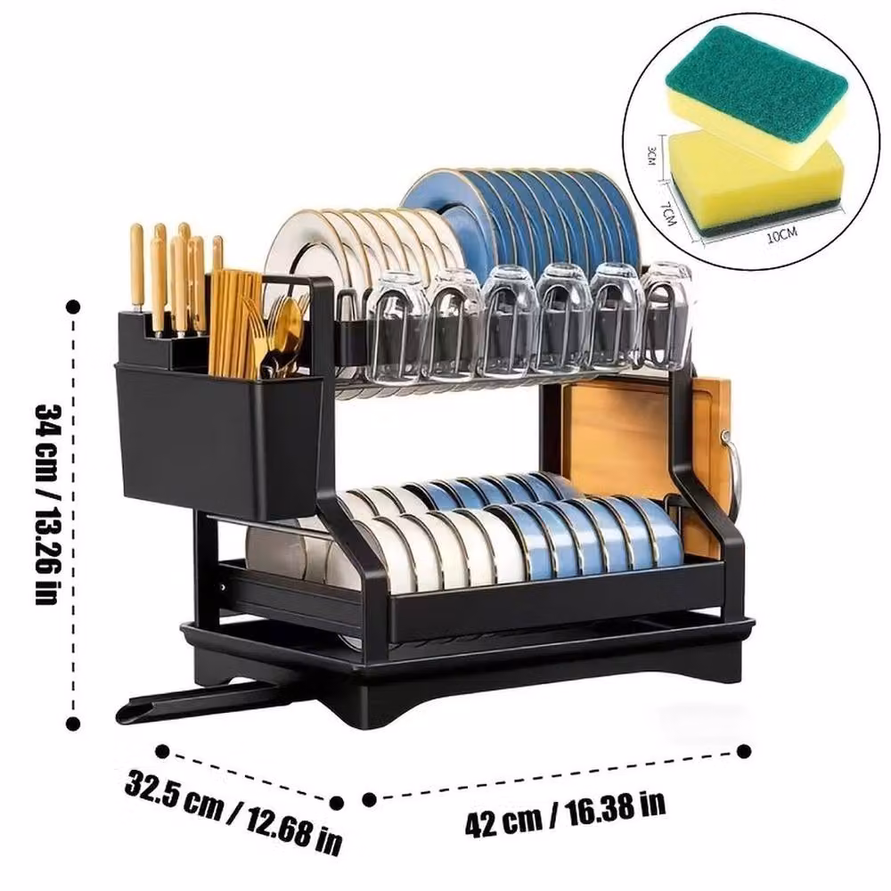 NESTLUNE Black 2 Tier Dish Drainer Rack with Cutlery Holder – 2