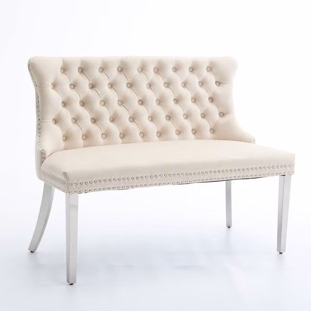 HomeTouch Modern Velvet Double Dining Loveseat Bench in Beige with Chrome Steel Legs