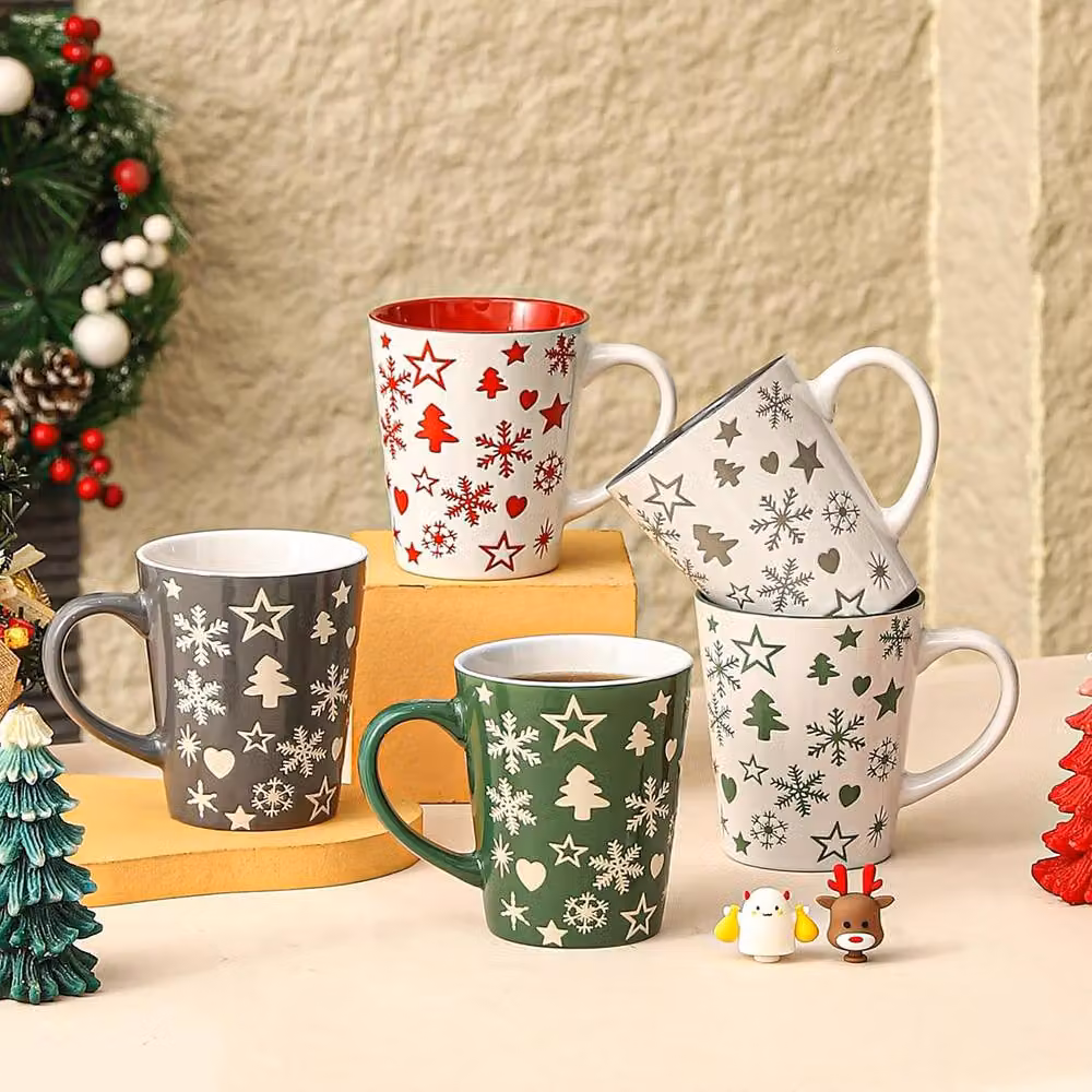 Simpa 6-Piece Christmas Tree and Snowflake Stoneware Mug Set, Multicolour, 350ml per mug – 6