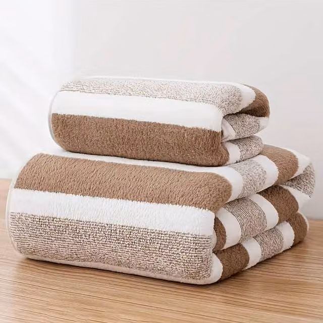 Dyzi Brown Striped Terry Cotton Towel Set with Quick Drying and Fluffy Bath and Hand Towels
