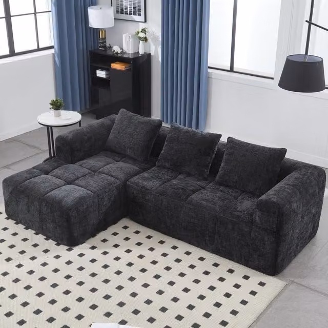 Aosom UK Oversized Modular L-Shaped Sleeper Sofa in Black, Reversible Fabric Sectional with Deep-Seated Design and Hidden Side Pockets, W/D/H: 250 x 158 x 60 cm