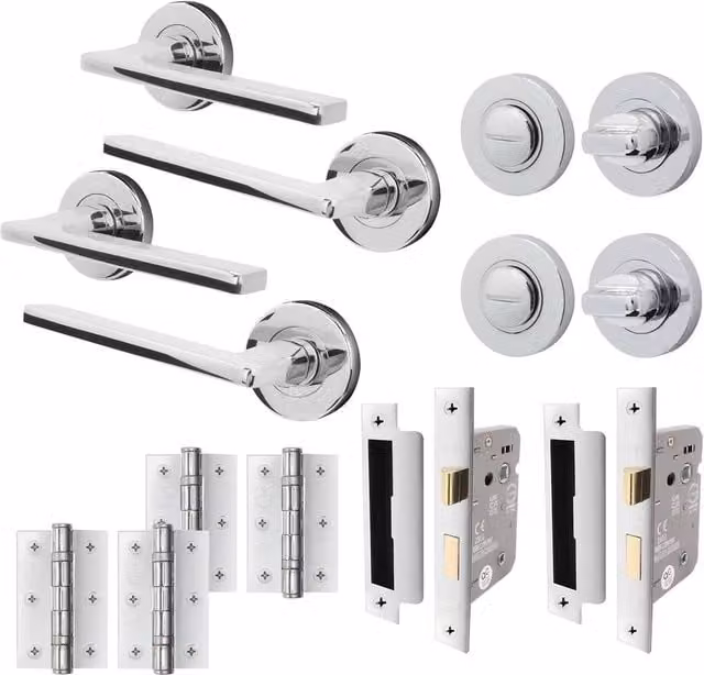 AFIT Polished Chrome Bathroom Door Handle and Latch Lock Set, 2 Pack, Silver
