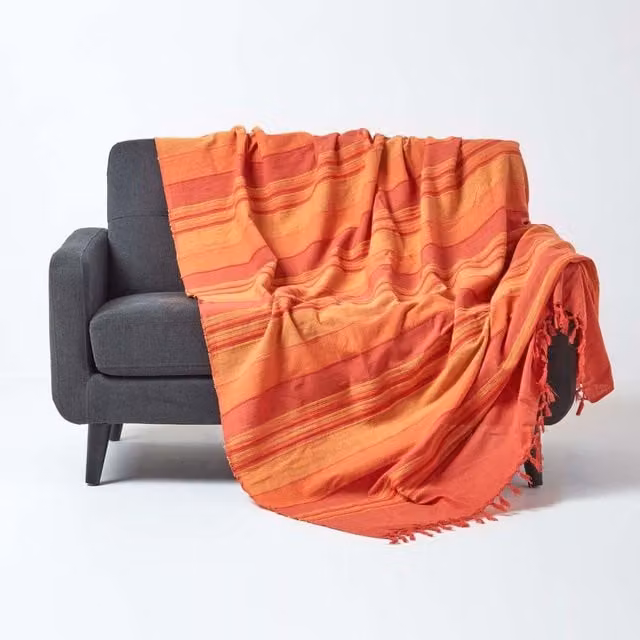 Homescapes Orange Moroccan Striped Woven Cotton Throw W/D/H: 225 x 255 cm