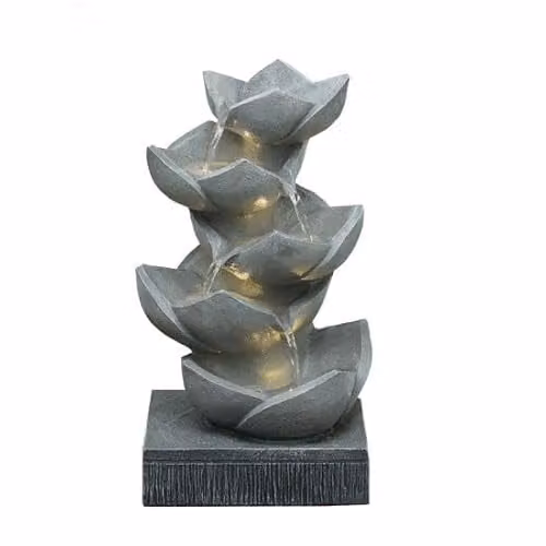 Tranquility Lotus Leaf Solar Powered Tabletop Cascade Water Feature in Natural Grey