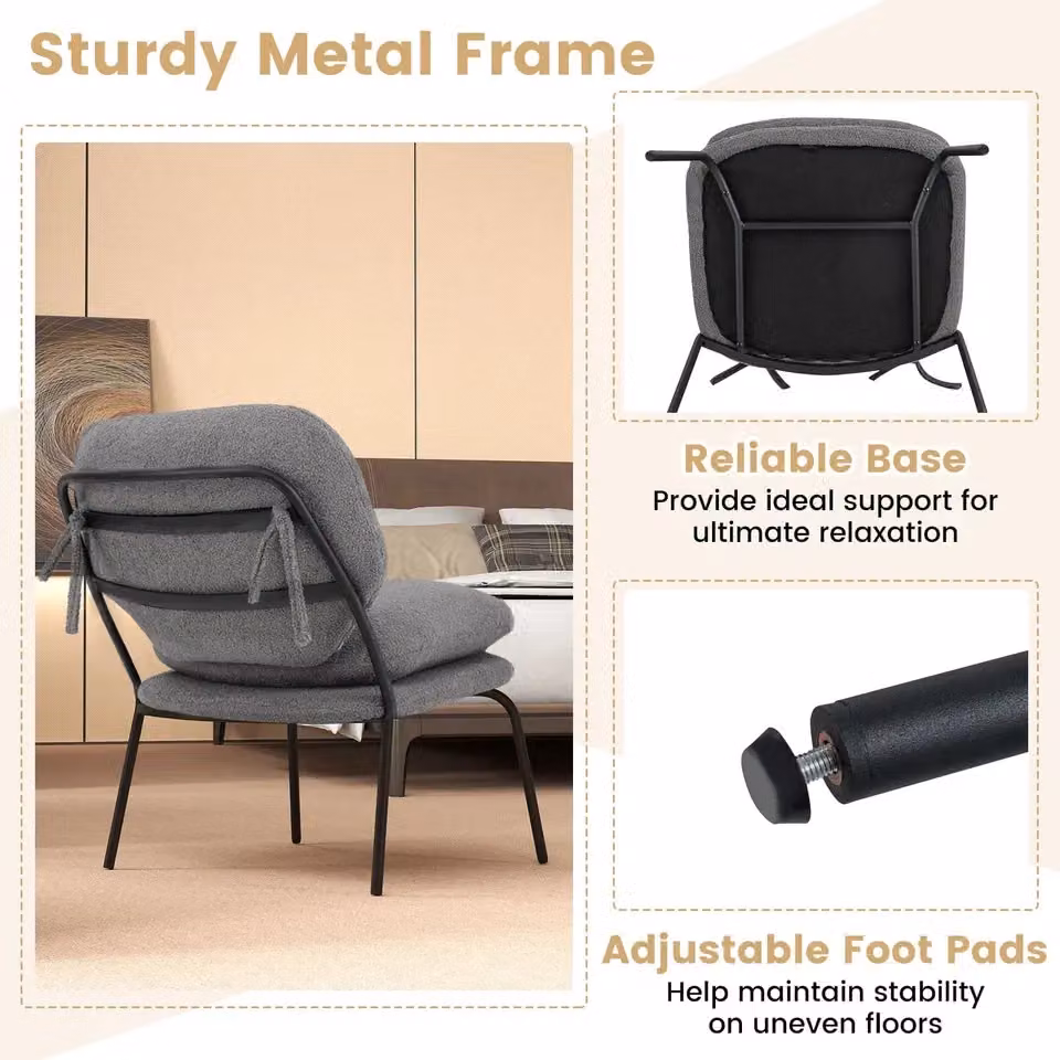 Costway Armless Accent Chair in Grey Teddy Fleece Fabric with Metal Frame – 3