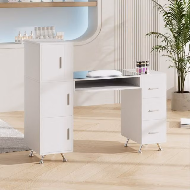 Komore White Modern Rectangular Nail Table with Glass Top and MDF Shelves