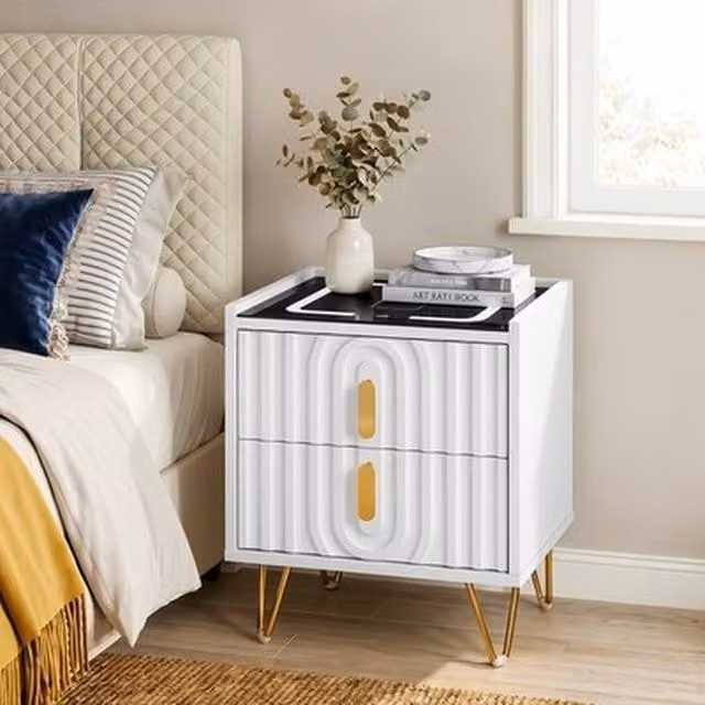 NESTLUNE Modern Smart Bedside Table with Light and Wireless Charging in White