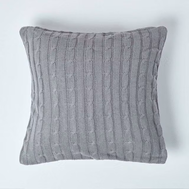 Homescapes Grey Cotton Knit Square Cushion Cover