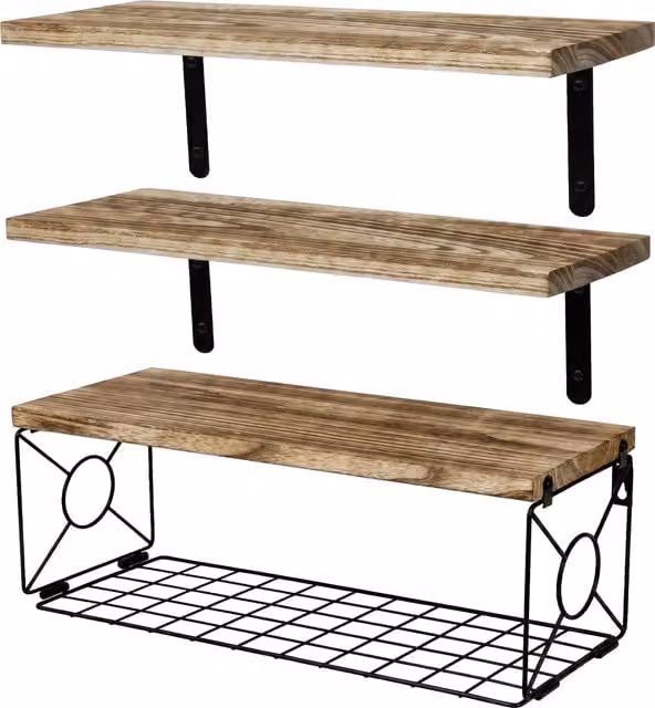 Levede 3 Tier Brown Wood Floating Wall Shelves with Storage Basket