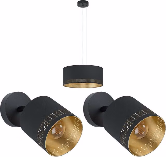 Loops Ceiling Pendant Light and 2x Matching Wall Lights with Round Fabric Shades in Black and Gold