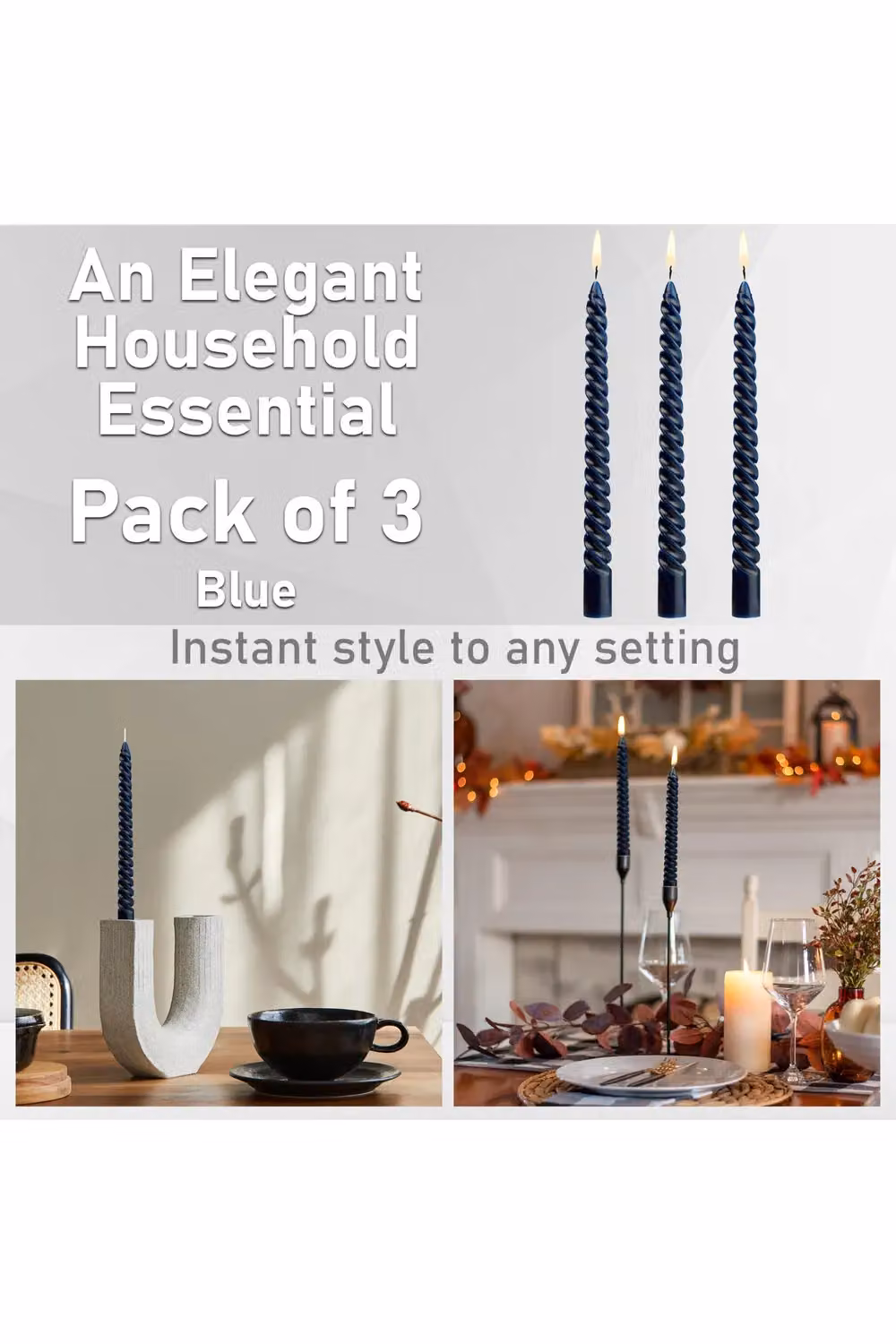 Deco Express Blue Twisted Non Drip Spiral Dinner Candles, Pack of 3 – 2