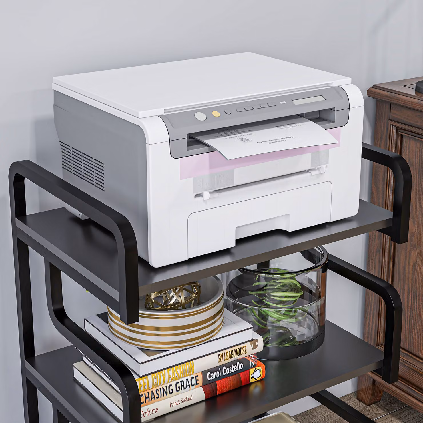 HOMCOM 3-Tier Industrial Metal and MDF Storage Shelves and Printer Table in Black – 5