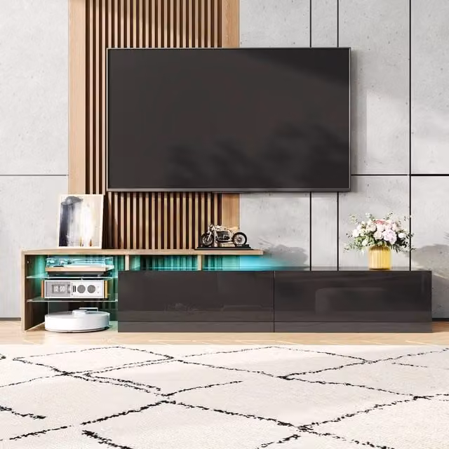 BTM Modern TV Stand with Integrated LED Lighting, Glass Shelves and MDF in Sand/Brown, W/D/H: 82.0 x 33.0 x 33.5 cm