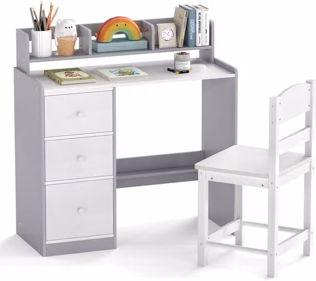 Costway Kids Study Desk and Chair Set with Wooden Hutch and Storage Shelf in Multicolour – 1