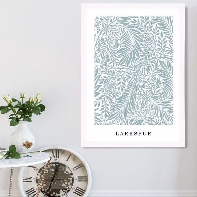 ARTZE Vintage William Morris Larkspur Floral Art Print in Mint and White with White Frame, A3
