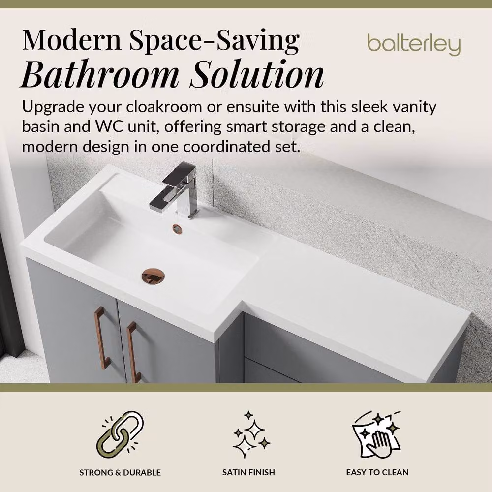 Balterley Modern Left-Hand Vanity and WC Unit Combination in Matt Satin Grey, W: 110 cm, H: 84 cm – 2