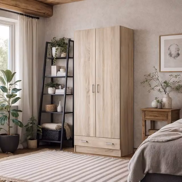 Wyld Haus Berlin Slim 2 Door Wardrobe with 1 Drawer in Natural Wood, H 170.4 cm x W 79.4 cm
