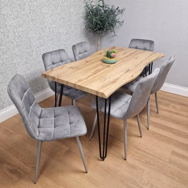 KOSY KOALA Dining Set with Rectangular Brown Wood Live Edge Table and 6 Grey Velvet Chairs – 1