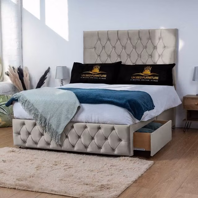 UK Bed Furniture Monaco Divan Bed with 4 Drawers and 26 Inch Headboard in Light Beige, W/D/H: 120 x 200 cm