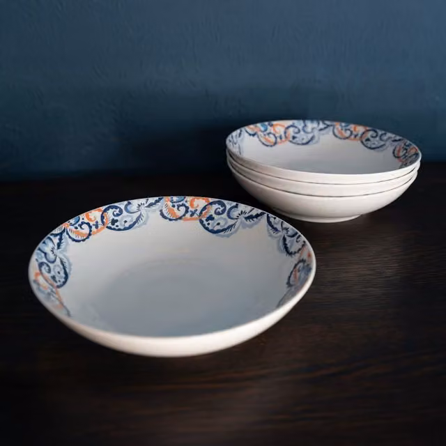 VampA Rococo Silk Floral Bone China Pasta Bowls, Set of 4, White and Blue, Diameter: 22 cm
