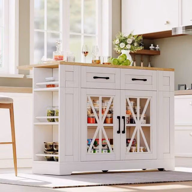 Merax Mobile Kitchen Island Trolley with Foldable Tabletop and Storage Cabinet in White