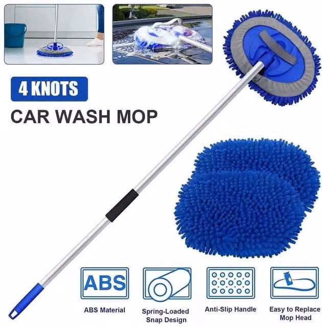 NESTLUNE Blue Microfibre Car Wash Mop Head with Telescopic Handle, W: 15 cm, H: 100 cm