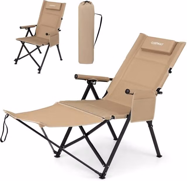 Costway 2-in-1 Reclining Camping Chair with Footrest and Adjustable Headrest in Beige