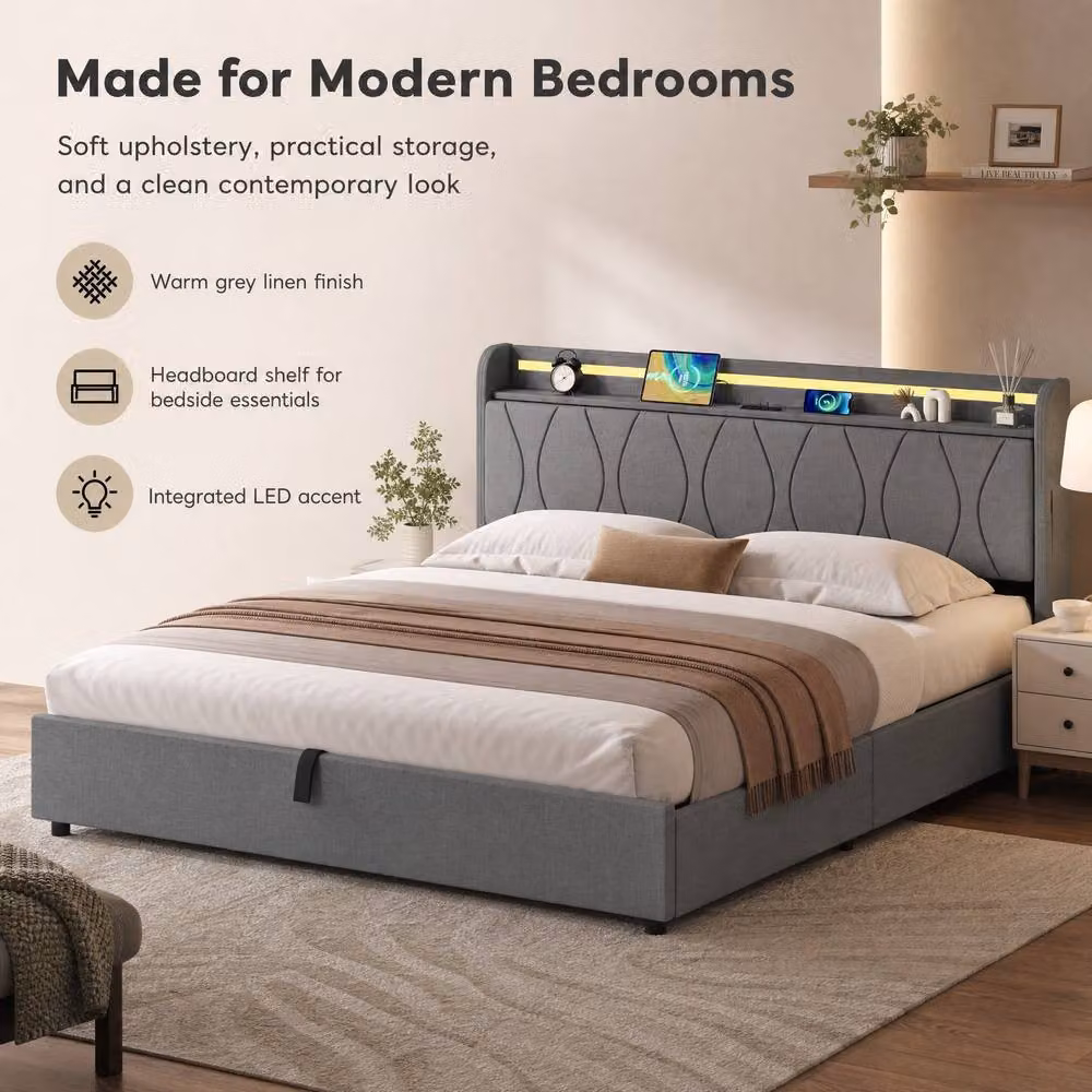STILVORA King Upholstered Bed Frame in Grey with Hydraulic Storage, LED Lighting and USB Charging Ports, W/D/H: 180 x 200 cm – 2