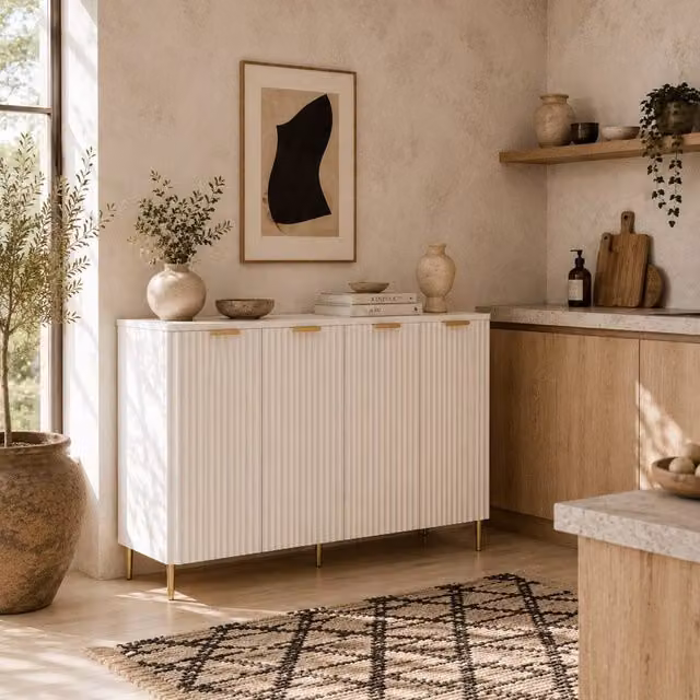 Wyld Haus Vinotti 4 Door White Sideboard with 2 Shelves, W/D/H: 120 x 40 x 90 cm