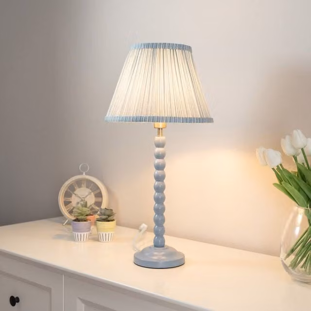 ValueLights Bobbins Powder Blue Table Lamp with Green Arrow Fabric Pleated Shade – 1