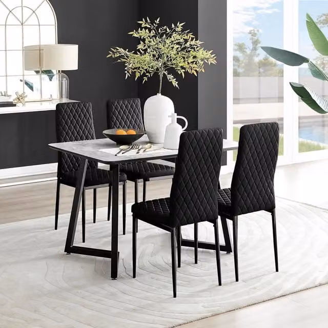 FurnitureboxUK Carson White Marble Effect Dining Table and 4 Grey Velvet Milan Chairs with Black Legs – 1