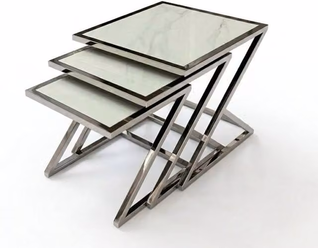 Home Luxe Interior Carra Silver Nest of 3 Tables with White Marble Tops and Silver Metal X-Frame
