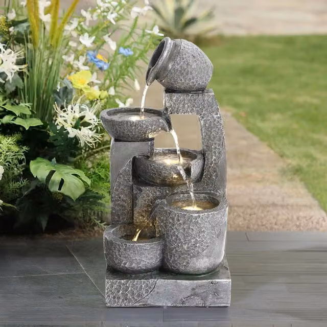Breeins Solar Powered Outdoor Water Fountain in Grey Rustic Jug and Bowl Design