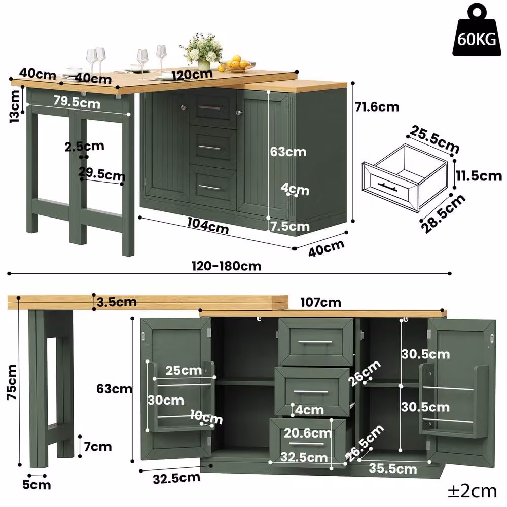 Merax Extendable Kitchen Island Sideboard with Swivel Dining Table in Green, W/D/H: 120 x 40 x 75 cm – 2